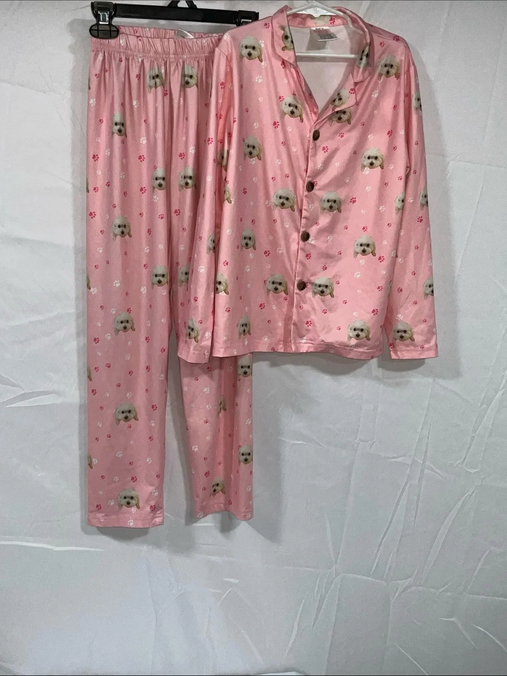 Girls Pink Puppy Print Satin Pajama Set Size 8–9 Years Long Sleeve Matching PJs